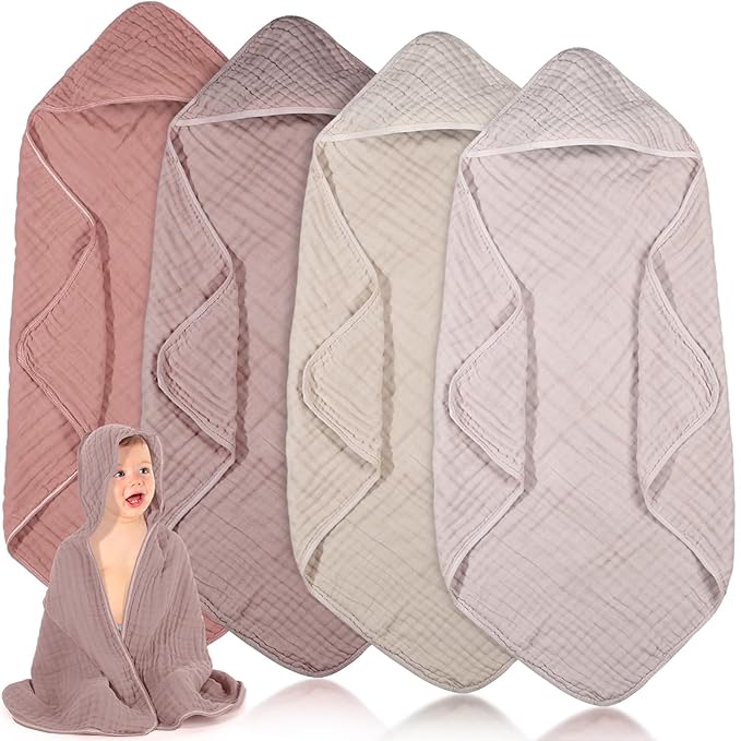Peryiter 4 Pcs Muslin Hooded Baby Towels 32 x 32 Inch Cotton Newborn Bath Essentials Muslin Infant Blankets Absorbent Registry Gifts for Girl Boy Kids Baby Shower (Beige Series)