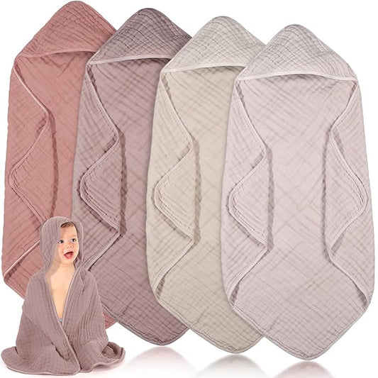 Peryiter 4 Pcs Muslin Hooded Baby Towels 32 x 32 Inch Cotton Newborn Bath Essentials Muslin Infant Blankets Absorbent Registry Gifts for Girl Boy Kids Baby Shower (Beige Series)