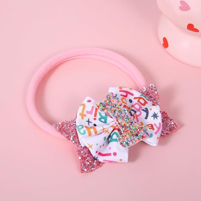 Glitter Pink Birthday Bow Headband for Women Her First Happy Birthday Gift Cute 1st Sprinkle Confetti Ice Cream Party Dress Decorations Accessories