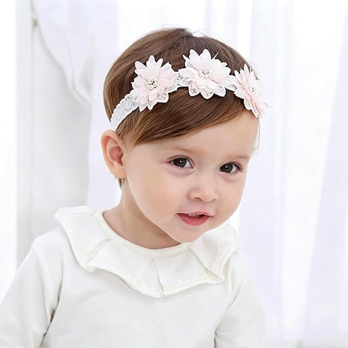 Baby Girls Hairband White Bow Lace Headbands Handmade Soft Stretchy Wide Head Band Newborn Hairbands with Bows Pearls Elastic Headband for Infant Hair Accessories（Three Pearl Flowers）