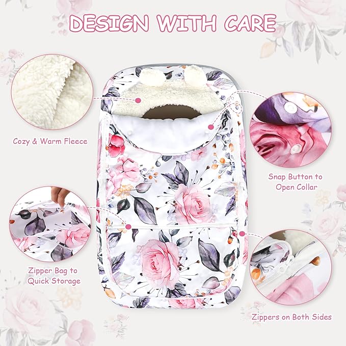 Pea Pod Winter Car Seat Cover for Baby, Infant Car Seat Canopies Cover for Newborn, Warm Plush Fleece Inner Protect Baby from Cold Wind, Stylish Floral