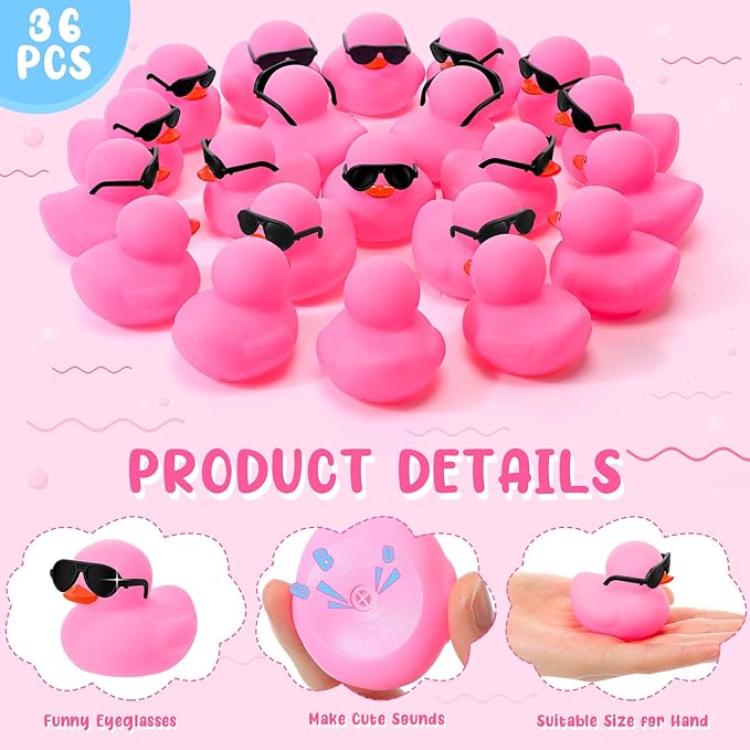 Sosation 36 Packs Mini Rubber Ducks with Sunglasses Sets 2.2 Inch Bath Squeaky Rubber Duckies Cute Float Bathtub Toys for Birthday Party Favors Class Carnival Prizes Car Decor(Pink)