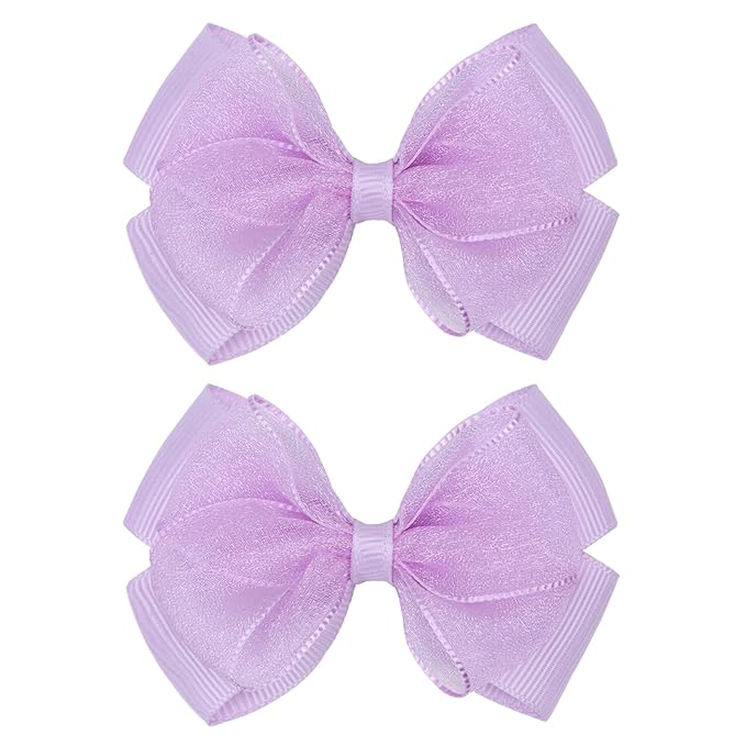 Tiny 3 Inch Organza Double Hair Bow Clips - Lined Boutique Alligator Hairpin for Baby Girls, Toddlers, and Little Teens - Kids Barrettes Set of 2 Small Stylish (Light Purple)