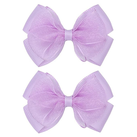 Tiny 3 Inch Organza Double Hair Bow Clips - Lined Boutique Alligator Hairpin for Baby Girls, Toddlers, and Little Teens - Kids Barrettes Set of 2 Small Stylish (Light Purple)