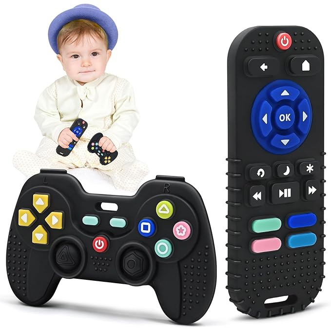 Baby Teething Toys for 3-6-12 Months, Silicone Sensory Teether Remote & Game Controller, BPA-Free Infant Teething Relief Toy for Newborn Boys Girls, Soothing Autism Gift for Birthday or Easter