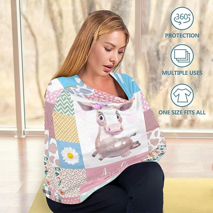 Personalized Baby Car Seat Cover for Babies, Custom Name Baby Car Seats Canopy for Girls, Nursing Breastfeeding Stroller Covers for Infant Newborn, Shower Gift for Baby (Floral Cow Pink)