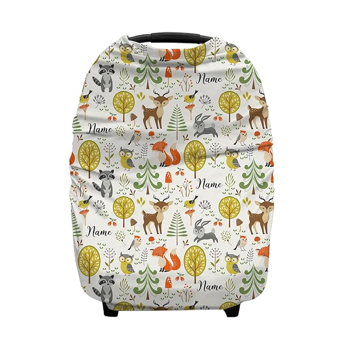 Personalized Baby Car Seat Cover for Boys Girls, Custom Nursing Covers for Breastfeeding with Name, Infant Stroller Cover, Baby Carseat Canopy for Newborn, Multiuse Car Seat Canopy, Woodland Animal