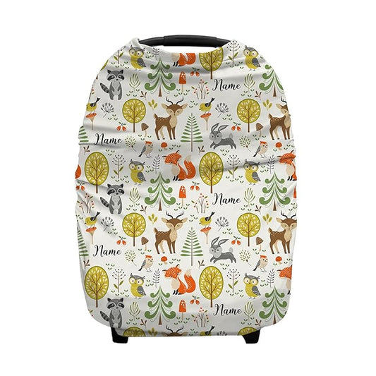 Personalized Baby Car Seat Cover for Boys Girls, Custom Nursing Covers for Breastfeeding with Name, Infant Stroller Cover, Baby Carseat Canopy for Newborn, Multiuse Car Seat Canopy, Woodland Animal