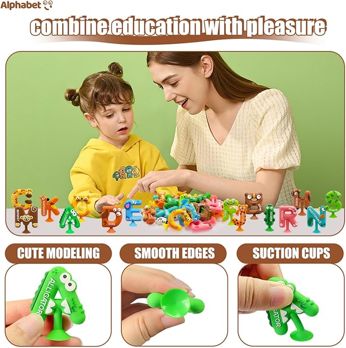 26pcs Alphabet Bath Toys for Toddlers , Educational Suction Bath Toys with Animal Letters, Montessori Sensory Toy for Kids 3-12, No Hole Food-Grade Silicone Toys for Autism/ADD/ADHD