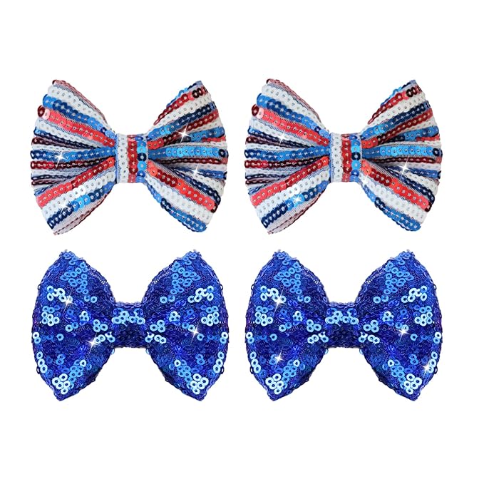4th of July Sequin Hair Bows for Girls Blue Sparkly Alligator Clips Star Glitter Hair Accessories for Little Teen Toddler Girls Kids Independence Gift
