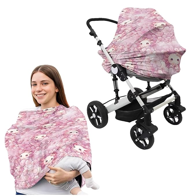 Cherry Axolotl Baby Car Seat Cover with Pillowcase 2 Pack Set Stretchy 5-in-1 Covers Adjustable Infant Carseat Canopy Covers Breathable Nursing Cover-Up Pillow Cover