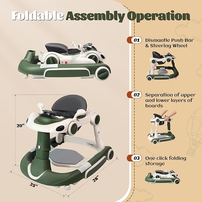 Baby Walker, 4-in-1 Baby Walker with Wheels Portable, Foldable Infant Toddler Walker for Boys Girls 6-18 Month,Removable Footrest,Car Steering Wheel & Music, Adjustable Push Walker Pink Green