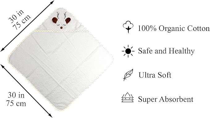 Organic Baby Hooded Bath Towel 30x30 Inch – 100% Organic Cotton, 380 GSM Soft & Absorbent Newborn Towel with Embroidered Hood, (Deer)