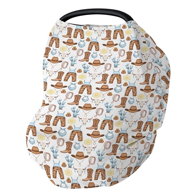 Blue Western Cowboy Baby Car Seat Covers for Boy Cute Cowboys Boots Hat Horse Cactus Sun Cow Skulls Stretchy 5-in-1 Cover Country Adjustable Car Canopy Cover Wild West Breathable Nursing Cover-Up