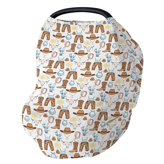 Blue Western Cowboy Baby Car Seat Covers for Boy Cute Cowboys Boots Hat Horse Cactus Sun Cow Skulls Stretchy 5-in-1 Cover Country Adjustable Car Canopy Cover Wild West Breathable Nursing Cover-Up