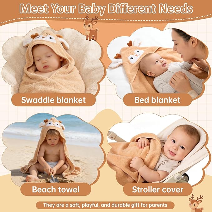 Hooded Baby Towel, Premium Soft Coral Fleece Baby Towel for Baby, Newborns, Toddlers, Infant- Ultra Absorbent, Natural Baby Stuff Towel with Hood for Boys and Girls (Brown Deer)