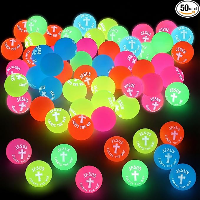 50 Pcs Christian Glow in The Dark Bouncy Balls Jesus Lights The Way Rubber Bouncing Balls for Easter Religious Basket Stuffers Party Favors