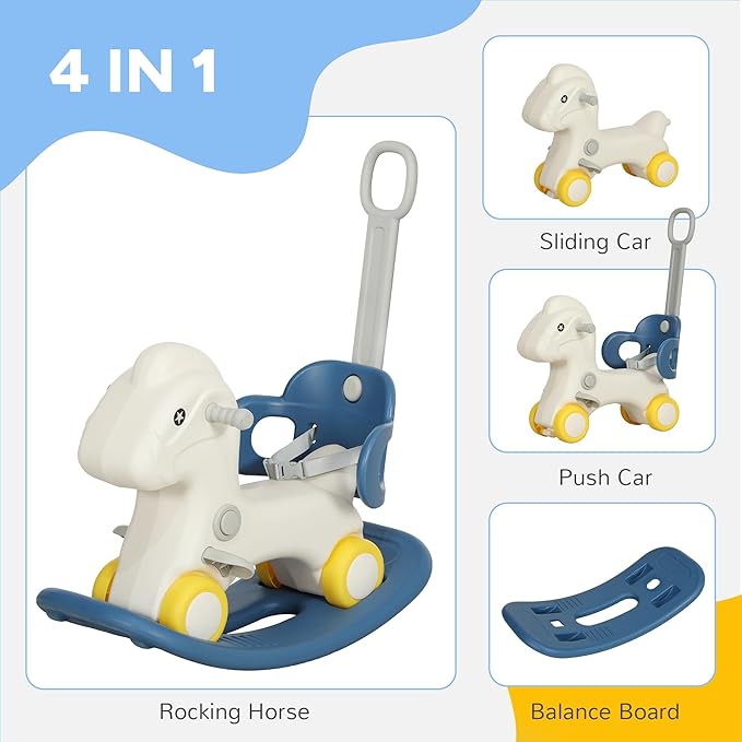 Qaba 4-in-1 Rocking Horse for Toddlers 1-3 Years, Baby Rocking Horse with Detachable Balance Board and Push Handle, Horse-Shaped Ride On Toy with 4 Smooth Wheels, for Baby Girls and Boys, Blue