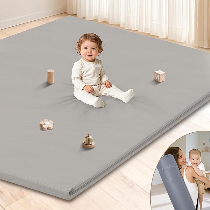 HARBOLLE Baby Play Mat 71x55 Inches, Extra Thick 1.2" Foam Floor Mat for Tummy Time & Crawling, Waterproof Non-Slip Faux Leather Playpen Mat for Infants Toddlers, Indoor Outdoor Gym Activity, Gray
