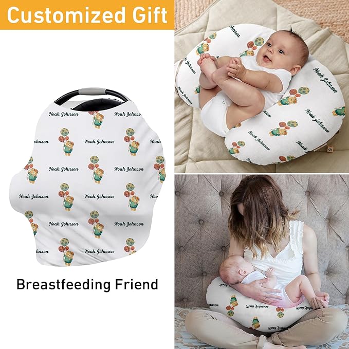 Personalised Car Seat Cover for Babies - Multi-use Carseat Canopy Cover with Name, Green Bear Print Car Seat Covers, Christmas Birthday Gifts for Infant Boys and Girls(27"x29")