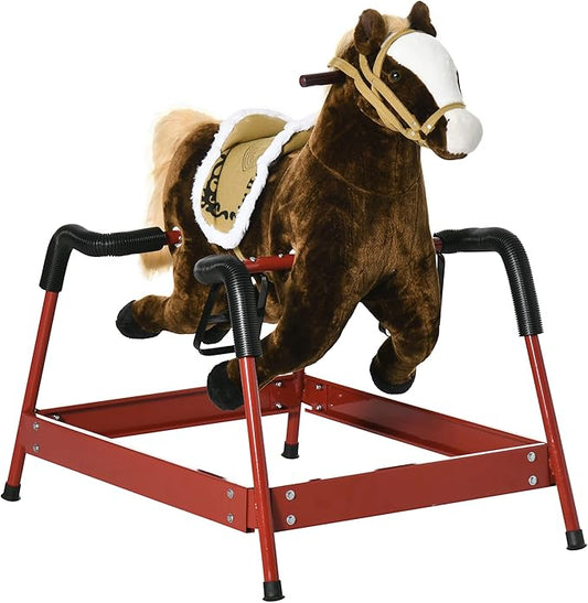 Qaba Kids Spring Rocking Horse, Ride on Horse for Girls and Boys with Animal Sounds, Plush Animal Ride-on Toy with Soft Feel, Interactive Toy for Kids, Dark Brown