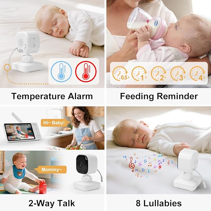 2000mAh Wireless Baby Car Camera 3500mAh Monitor Auto On/Off Car Baby Camera Monitor No Wifi - Carseat Mirror with Brightness Volume Zoom/Night Vision/Temp/Feeding/2-Way Talk/8 Lullaby/Vox