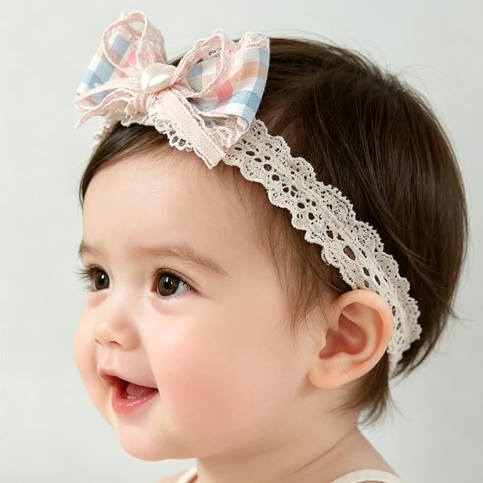 Baby Girls Hairbands Bow Lace Headband Handmade Soft Stretchy Pink Bowknot Hairbands Newborn Hairband with Bows Elastic Hair Bands for Kids Infant(Pink Blue Heart Bow