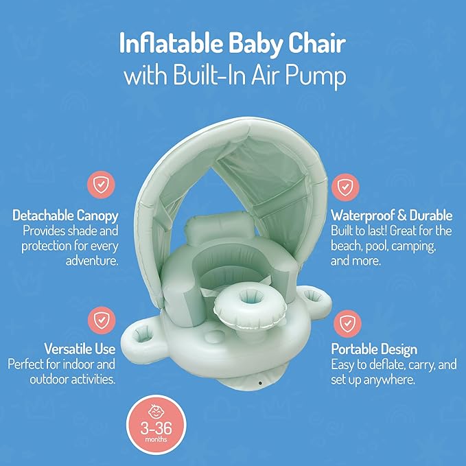 Blow Up Inflatable Baby Seat for 3-36 Months w/Built-in Pump & Detachable Canopy, Sit Me Up Floor Seat for Baby w/Safety Straps, Inflatable Infant Chair (Canopy + Cup Holders) is Ideal Summer Gift