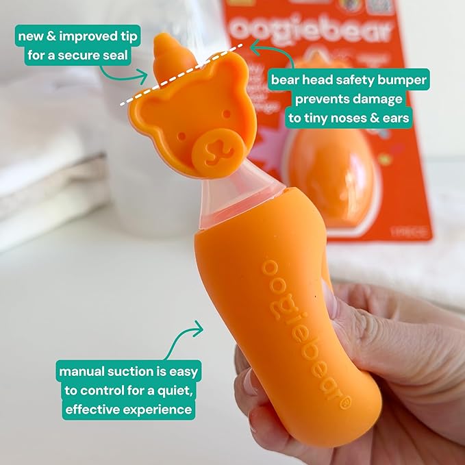 oogiebear: Baby Nasal Aspirator - Safe Booger & Earwax Remover for Newborns, Infants, Toddlers - Better Syringe, Airtight Suction, Nose Sucker - Essential Baby Stuff, Diaper Bag Must-Haves, Orange