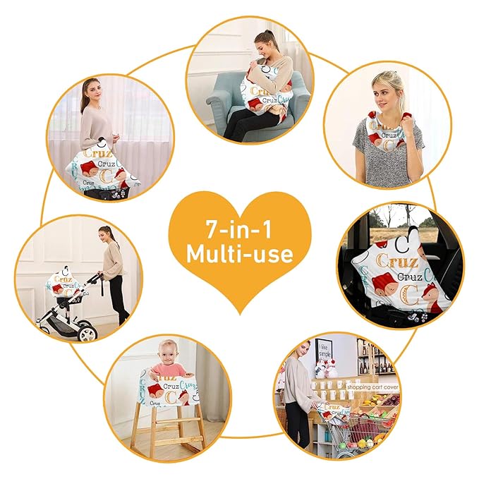 Personalised 7 in 1 Car Seat Cover for Girls and Boys - Multipurpose Breast Feeding Red Fox Print Cover, Nursing Cover, Grocery Cart Cover and High Chair Cover - Birthday Gift for Babies(27"x29")