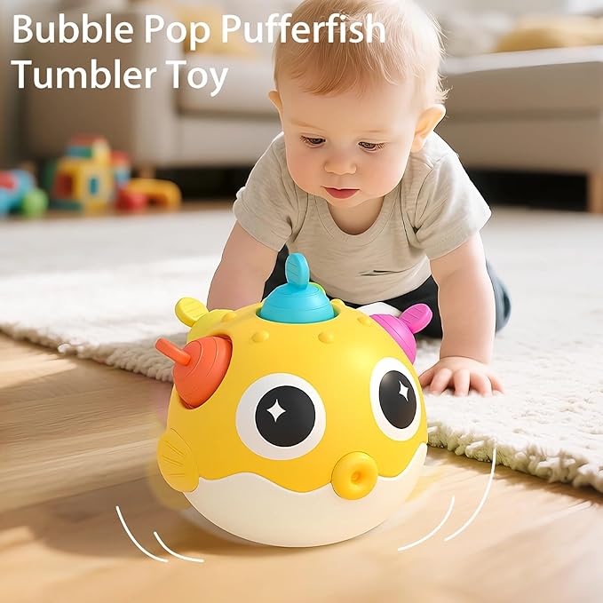 Baby Wobble Toys, Infant Rolypoly Tumbler Musical Wobbler Toy with Silicone Bubble for Teething Sensory Play, Baby Tummy time Toys for Newborn 3 6 12 Months Gifts for Toddler Boys Girls