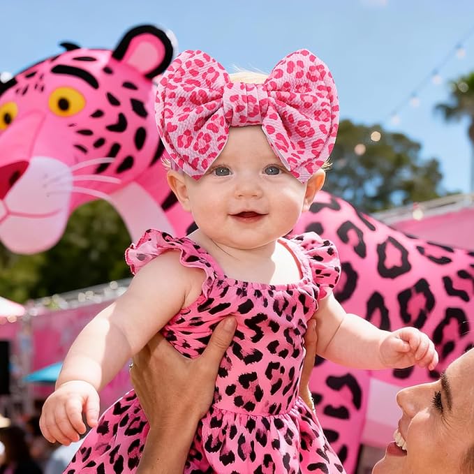 YanJie 7'' Bows for Baby Girl Pink Leopard Print Headbands for Girls Hot Pink Bow Toddler Hair Accessories Newborn Infant Baby Headband