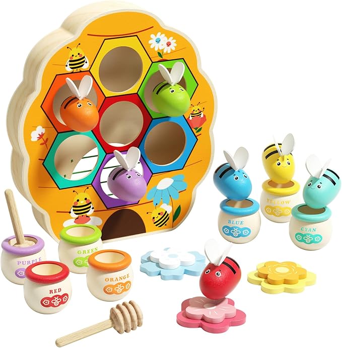 Wooden Toddler Fine Motor Skill Toy, Bee to Hive Matching Game with Honey Jar & Sticks, Montessori Color Sorting Matching Toys, Preschool Educational Learning Toys, Gift for Toddler 2 3 4
