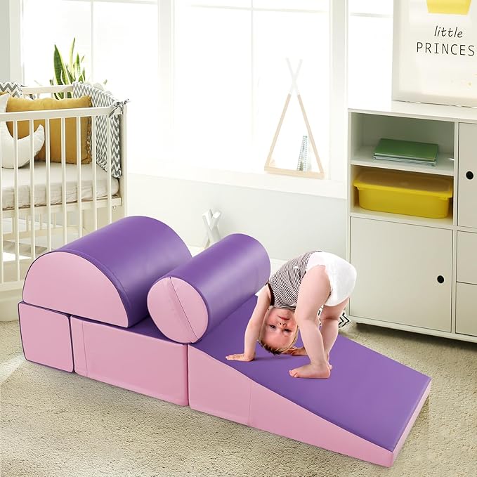 Costzon 5 Pieces Climbing Toys for Toddlers, Soft Foam Block Play Structures Infants Climbers for Child Development, Waterproof Kids Climbing Toys Indoor for Preschool Baby (Pink & Purple)