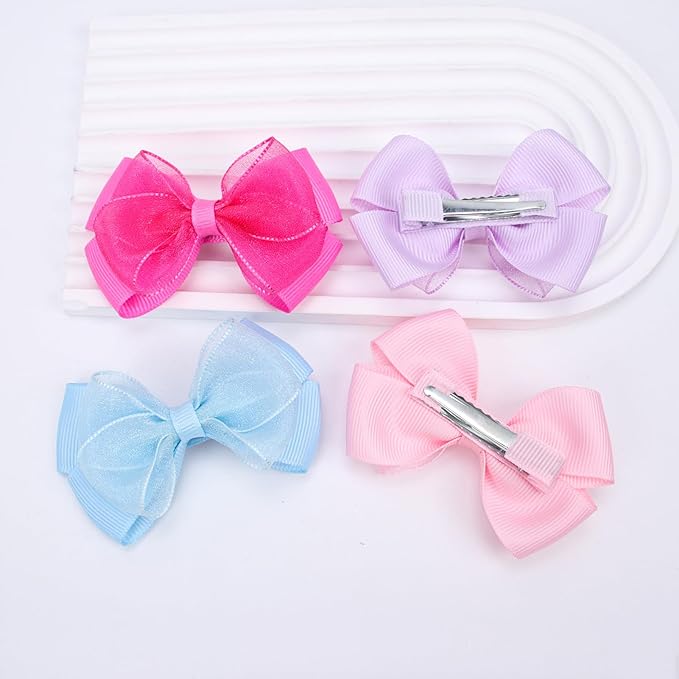 Tiny 3 Inch Organza Double Hair Bow Clips - Lined Boutique Alligator Hairpin for Baby Girls, Toddlers, and Little Teens - Kids Barrettes Set of 2 Small Stylish (Green)
