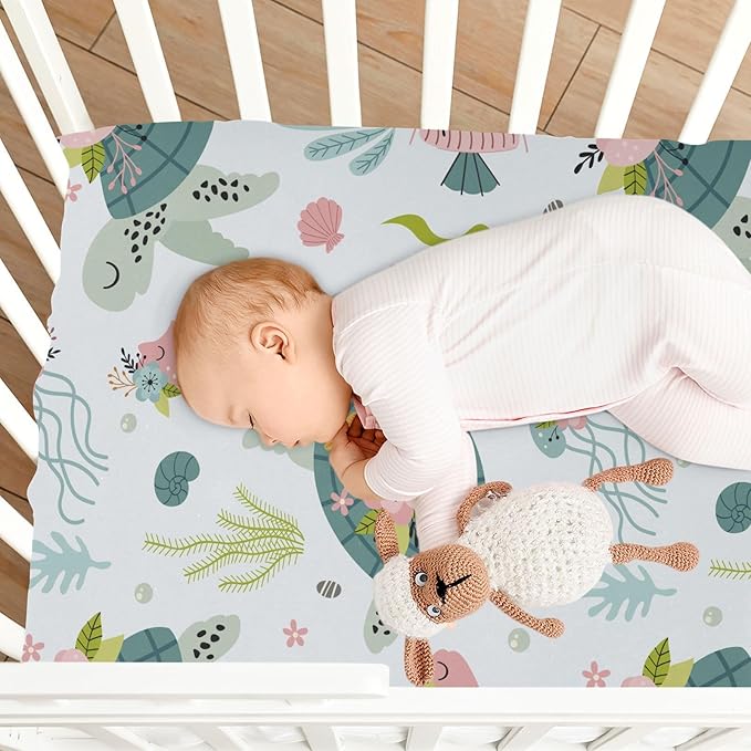 Fitted Crib Sheets Turtle Sea Horse Stretchy Portable Playard Sheets for Baby Toddler, Breathable Soft Mini Crib Mattress 52 x 28 in for Boys and Girls