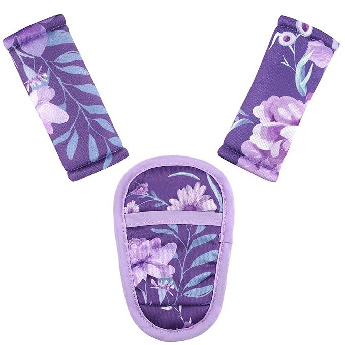 Baby Car Seat Strap Pads Suit, 3 Pieces Soft Car Seat Strap Shoulder Covers for Baby Infant Toddler, Double-Sided Car Seat Belt Covers for Stroller, Pushchair, Baby Swing, Purple Floral