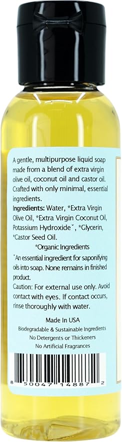 Claya Unscented Liquid Castile Soap – Organic Ingredients, Biodegradable, Gentle for Sensitive Skin and Versatile Use (Travel Size 2 fl oz)