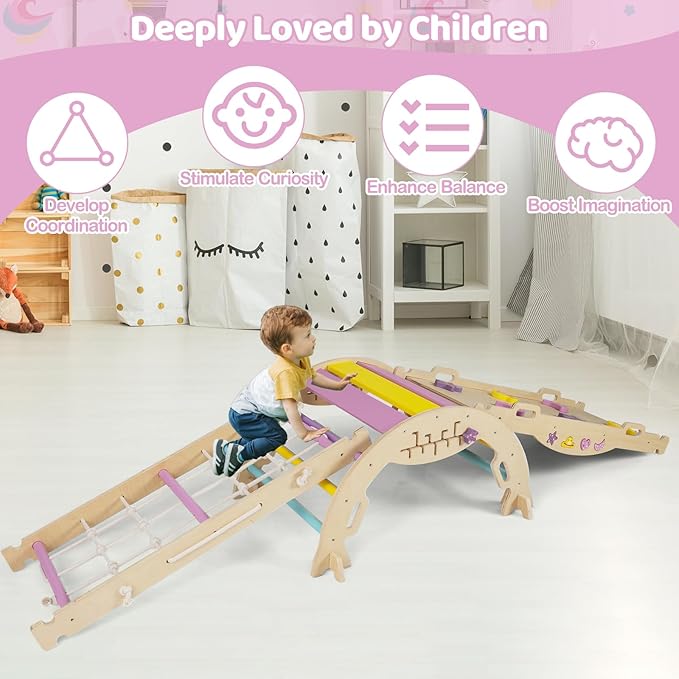 Costzon Pikler Triangle Set, 9-in-1 Foldable Baby Climbing Toys, Wood Montessori Climbing Set for Learning and Motor Skills, Indoor Playground Jungle Gym for Toddlers 3+ Climber Gifts (Pink)