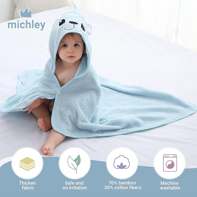 MICHLEY Bamboo Viscose Baby Hooded Bath Towel for 0-5 Years Boys and Girls, 29.5 x 39.5 Inch Ultra-Soft and Quick-drying Infant Bath (Bear)