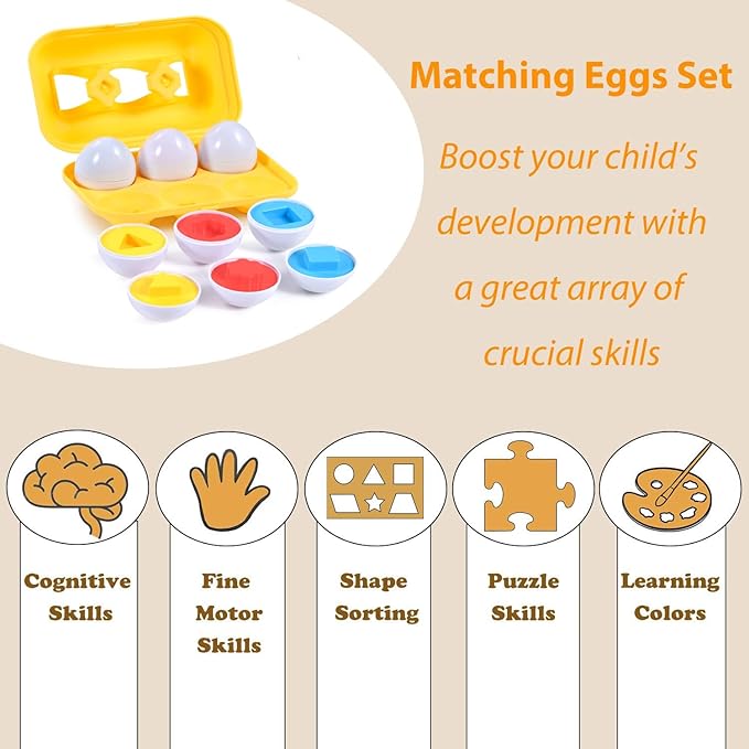 Hhyn Color Shape Matching Eggs for Toddlers, Preschool Learning Educational Sorting Easter Eggs Toys Gift Recognition Skills for Kids Boys Girls, 6 Eggs