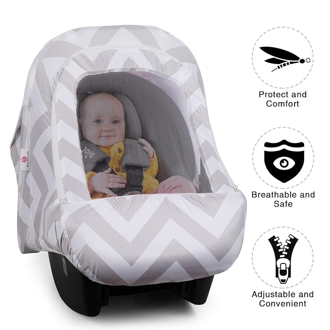 Metplus Car Seat Cover, Breathable Mesh Window Infant Carseat Canopy for Baby Boys & Girls, Summer Stroller Sunshade Net for Airflow & Privacy, Stretchy Universal Fit