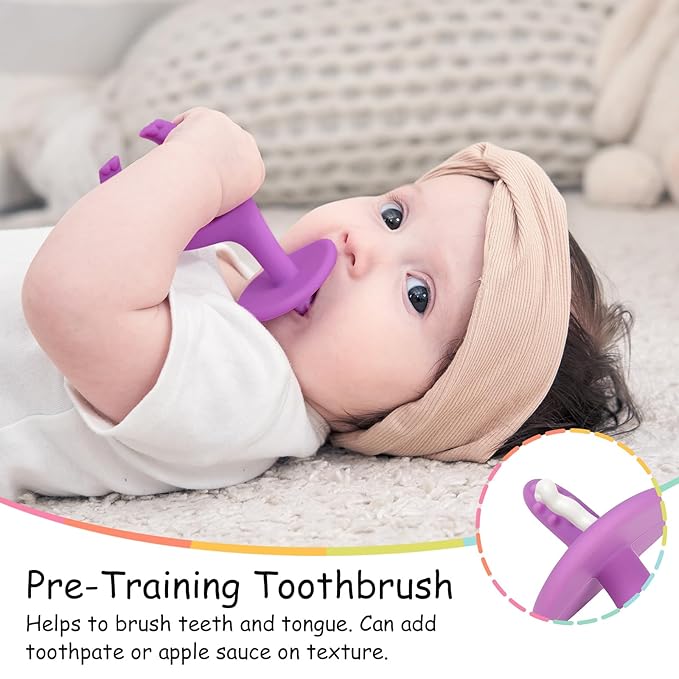Mombella Baby Teething Toys for Babies 3 6 12 Months with Attachment to Clip on, Soft Silicone Teether Toys, 2 in 1 Elephant Teethers & Pre-Training Toothbrush, 9 Month Old Infant Chew Toys, Purple