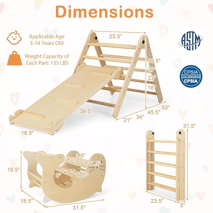 HONEY JOY 7 in 1 Climbing Toys for Toddlers, Wood Triangle Climber w/Ramp for Sliding or Climbing, Rocker, Foldable Montessori Triangle Climbing Arch Set for Daycare, Gym & Playground, Natural