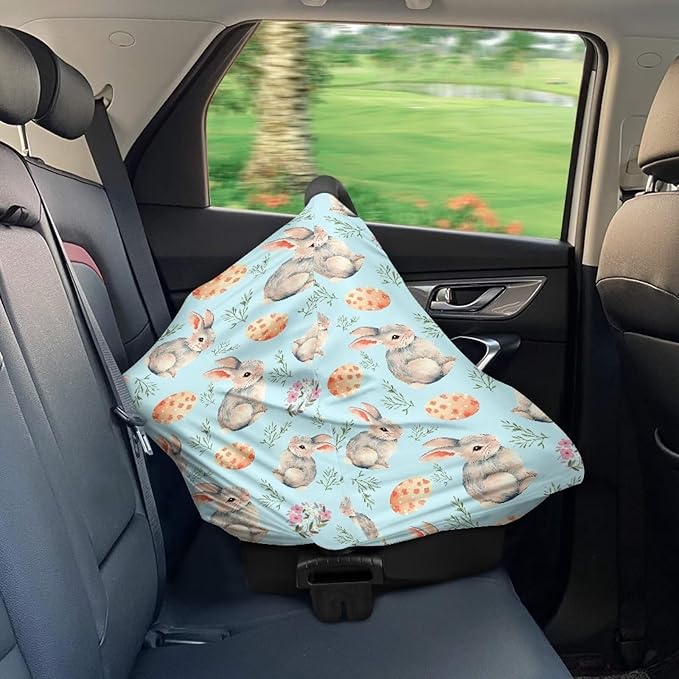 Wanyint Easter Rabbit Eggs Flower Blue Car Seat Covers for Boys Girls, Nursing Cover Carseat Canopy Baby Breastfeeding Cover Multi-use Nursing Scarf Infant Stroller Cover