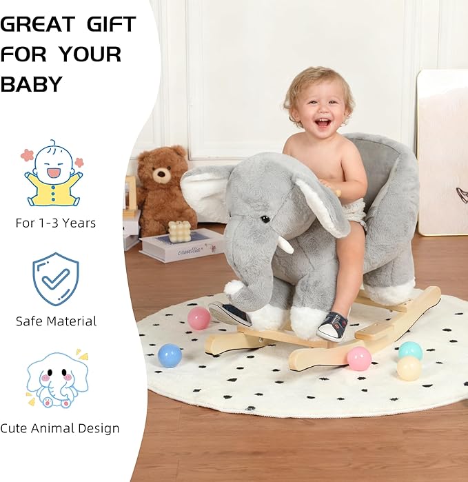 Baby Rocking Horse, Plush Elephant Riding Horse with Music, Wooden Rocking Horse for Toddlers 1 Year Old, Gray Stuffed Ride-on Rocker Animals Toy for Baby Boys and Girls Christmas Birthday Gift Gray