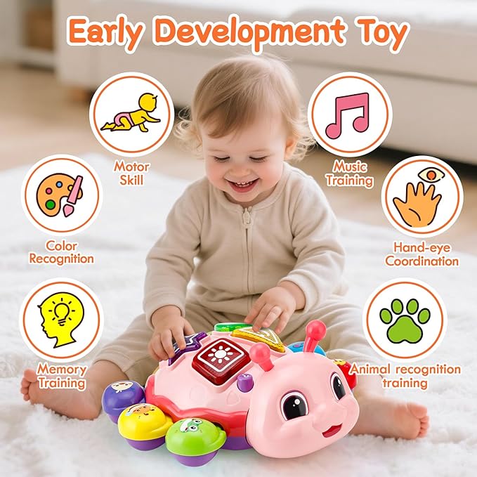 Baby Toys 6-12 Months, Crawling Musical Baby Toy with Obstacle Avoidance, Lights & Music, Interactive Tummy Time Learning Toy with Animal Sounds, English Spanish Developmental Gift for Boys & Girls