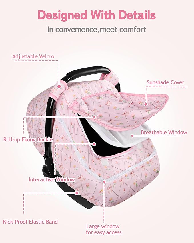 Car Seat Cover Baby Girls, Infant Carseat Covers with Mesh, Dual-Layer Protection for Summer Winter, Easy Access Newborn Canopy Breathable, Windproof & Fit Baby Stroller, Flower Bow