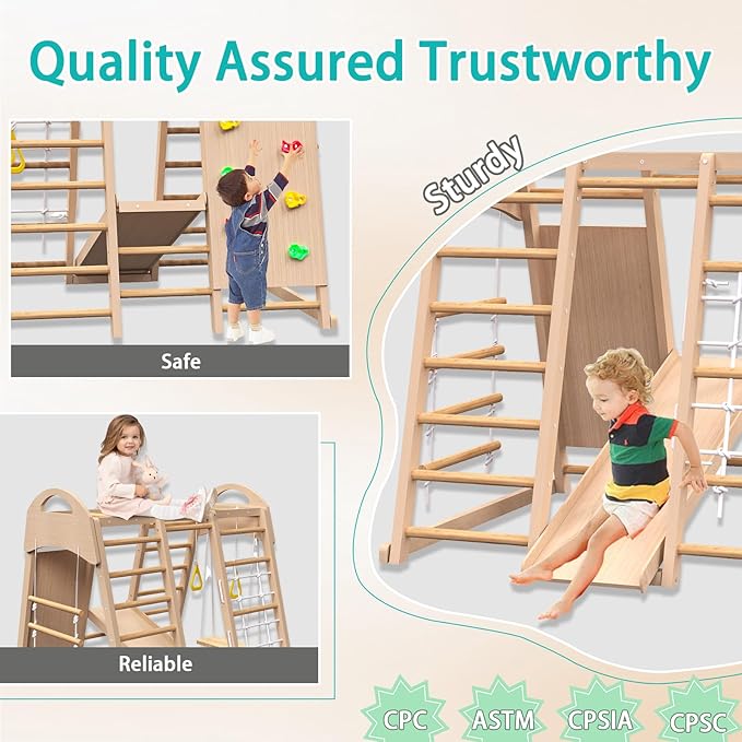 Indoor Playground, Wooden Indoor Jungle Gym for Kids, Toddler Climbing Toys with Stair Slide Swing Set Monkey Bars, Gym Equipment for Backyard, Outdoor Playset for Kids Aged 3-8 (9-in-1)