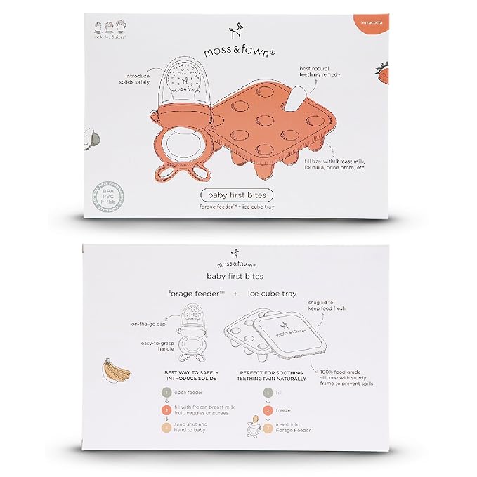Moss and Fawn Baby's First Bites Bundle - Silicone Frozen Breast Milk Popsicle Kit with Forage Feeder & Teething Popsicle Ice Cube Tray - BPA, PVC, & Lead-Free - Terracotta